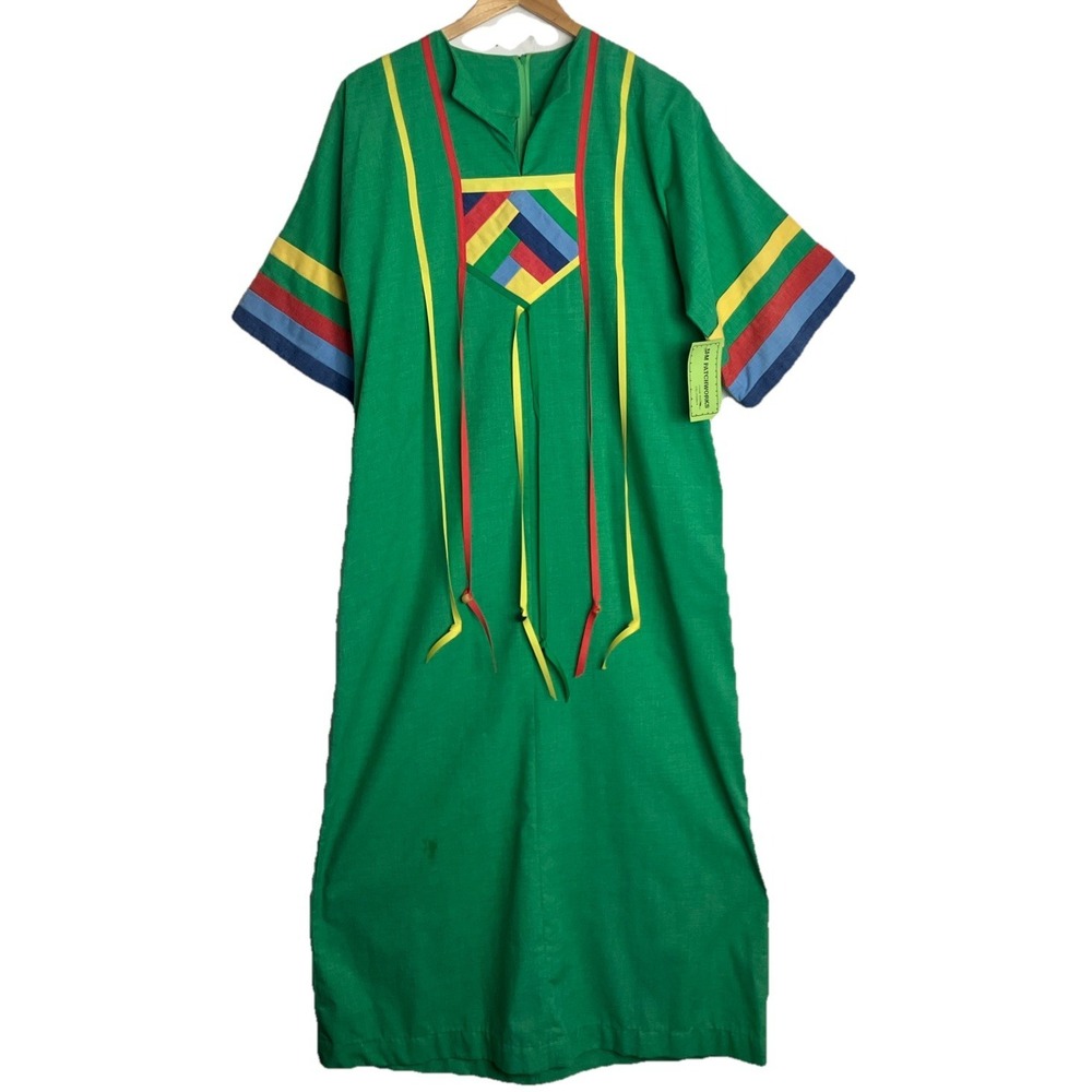 Vintage 70s Kaftan Maxi‎ Dress Womens Small Green Rainbow Festival Resort Boho